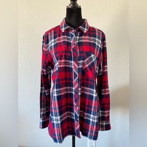 Woolrich Flannel Shirt Womens XL Red Blue Plaid Long Sleeve Button Down Top